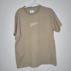 Politics tan text logo front short sleeve minimalist tan shirt size large NWT